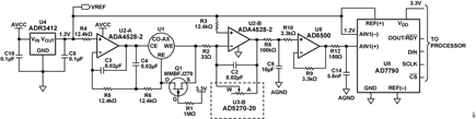 Figure 1. Low noise gas detector circuit (Simplified schematic: all connections and decoupling not shown).