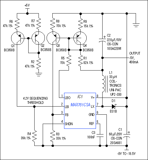Figure 1. This negative buck regulator generates −5V from a nominal −12V supply and presents it in proper sequence with an independent +5V supply during power-up and power-down.