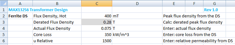 图10. MAX13256变压器设计电子表格的铁氧体数据。
