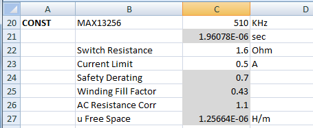 图13. MAX13256变压器设计电子表格的开关频率和峰值电流。