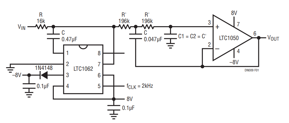 Figure 1. Combining the LTC1050 Chopper Op Amp with the LTC1062 to Provide a 10Hz, DC Accurate Lowpass Bessel Filter.
