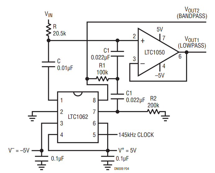 Figure 4. A Bandpass, DC Accurate Lowpass Filter Combination used to Extract the AC Information from a DC + AC input Signal.