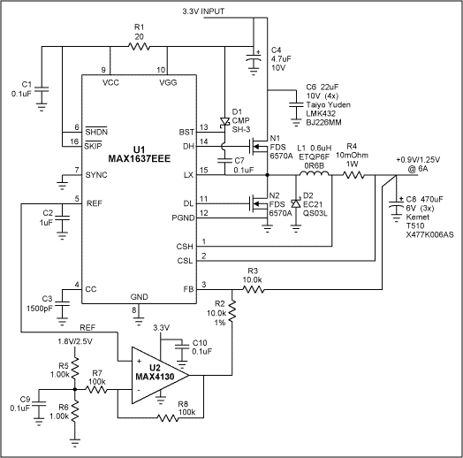 Figure 1. This DDR memory-termination supply can source and sink 6A while maintaining a regulated 1/2VDD (for 1.8V or 2.5V supplies).