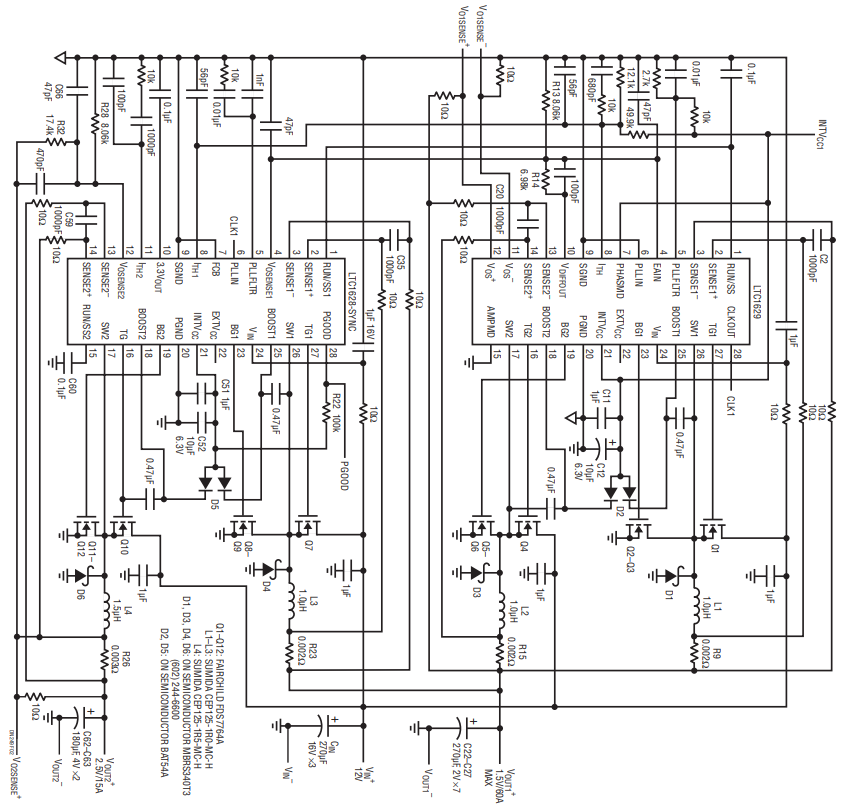 Figure 2. Schematic Diagram of 2-Output Circuit: Input 12V; Outputs 1.5V/60A, 2.5/15A.
