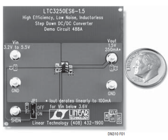Figure 1. The LTC3250 Is Available in a Tiny 6-Pin ThinSOT Package Making it Possible to Fit a Complete Converter in Less Than 0.04in2.