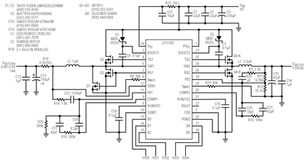 LTC1703-based regulator with active voltage positioning implemented with a sense resistor