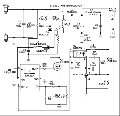 图1. 该款适合于电信应用的反激式转换器基于MAX5021 PWM控制器，可提供5V、5W输出。