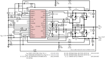 2-Phase 30A LTC1629 V<sub loading="lazy">TT</sub> power supply with 5V–14V input