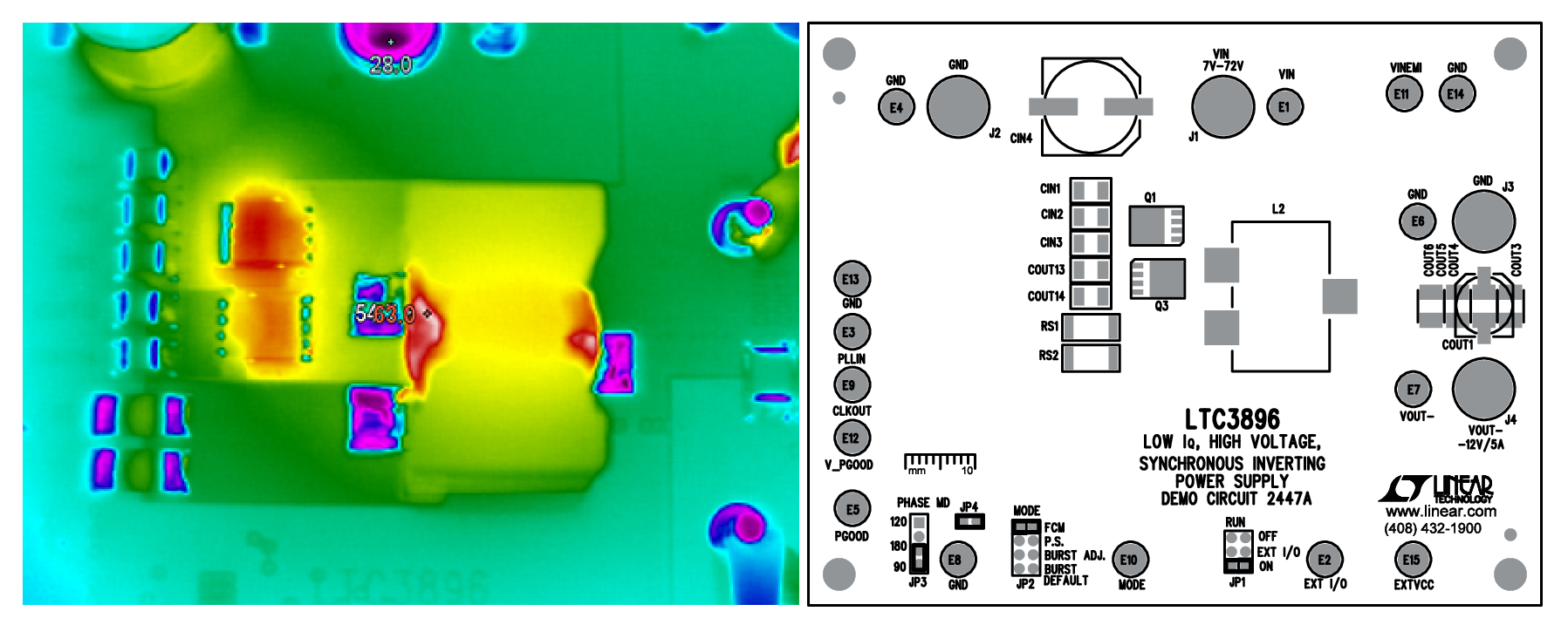 Figure 3. Thermal Image of DC2447A is Taken at 36V Input Voltage, –12V at 5A Output. On the Right Side, an Assembly Drawing of the Demo Board