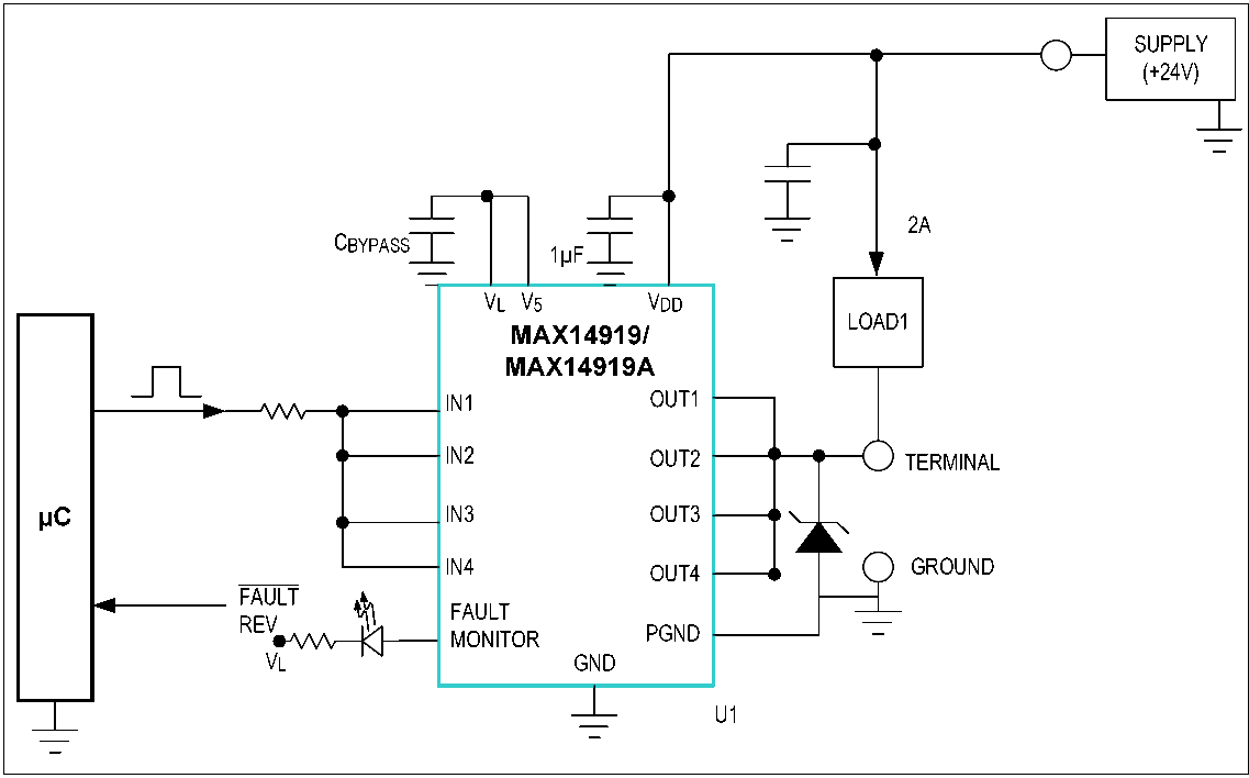 Figure 5. Single-channel, 2A low-side DO application with the MAX14919/MAX14919A.