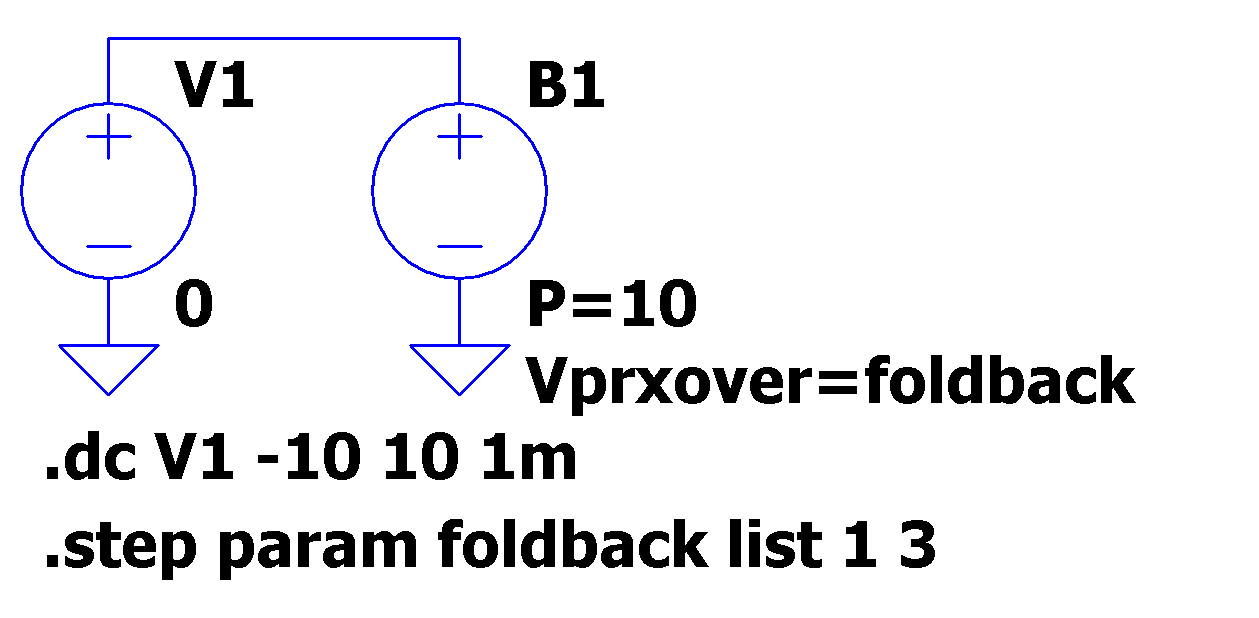 Schematic of a Constant Power Load using a DC Source Sweep Analysis and a .STEP Command of the VPRXOVER Parameter
