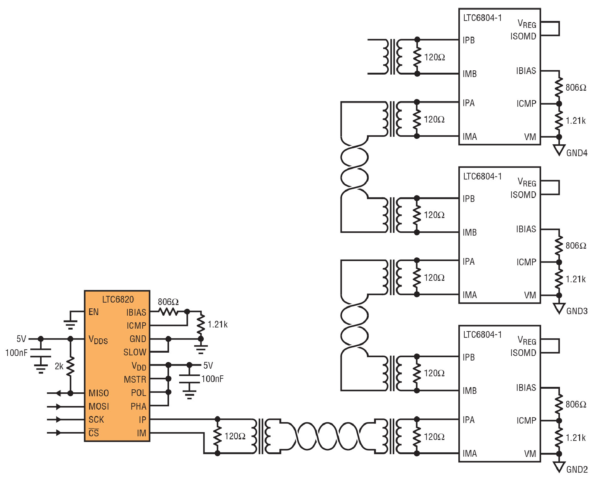 Figure 5. The LTC6804 Supports an Isolated SPI Interface Which Can Be Daisy-Chained for Larger Arrays, Resulting in a Robust, EMI-Resistant Interconnect That Minimizes Cabling Requirements and the Number of Isolators