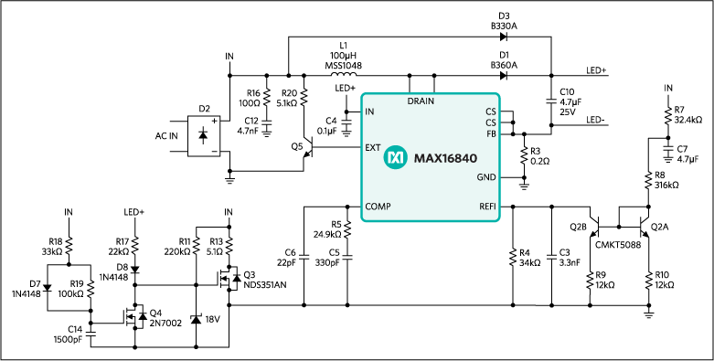 Figure 1. Schematic of MAX16840 HB LED driver in a boost configuration for MR16 LED lamps. This configuration provides good compatibility with electronic transformers.