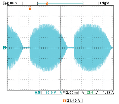 Figure 5. Input voltage waveform to the MR16 board powered by an LET75 at 120VAC.