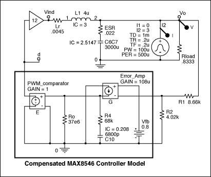 图4. 用于MAX8546时域分析的PSPICE原理图。