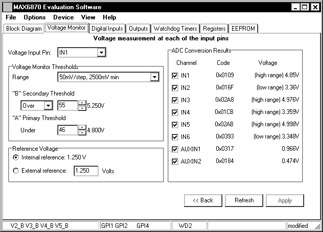 图3. 点击Voltage Monitor标签，可以设定每一个输入是监视两个欠压电平还是一个欠压电平和一个过压电平，还可以设置门限值，也可选择要查看哪一个数字输入。