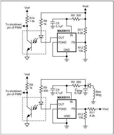 Figure 2. OVP circuit using MAX8515 powered from output voltage of DC-DC converter.