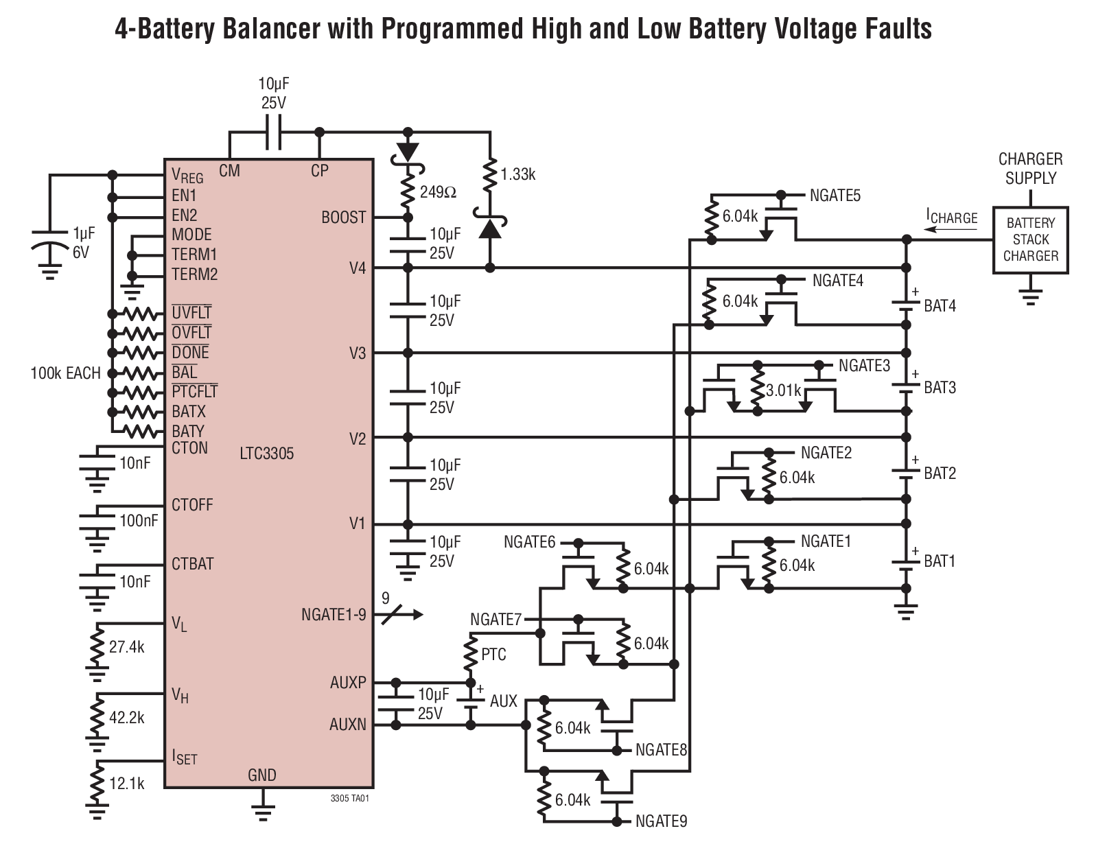 4-Battery Balancer with Programmed High and Low Battery Voltage Faults