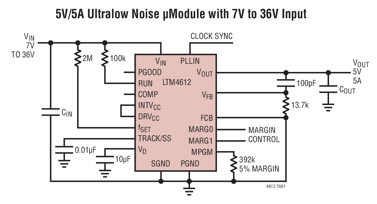 5V/5A Ultralow Noise µModule with 7V to 36V Input