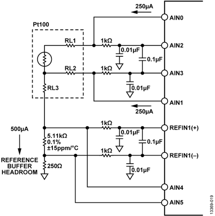 Figure 19. AD7124-4/AD7124-8 Configuration for 3-Wire RTD Measurement Calibration by Measuring the Excitation Currents