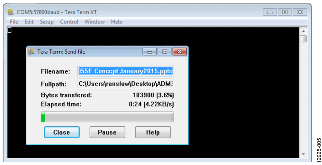 Tera Term COM5 Data for USB Transmission to the RS-232 Port on the EVAL-CN0373-EB1Z Board