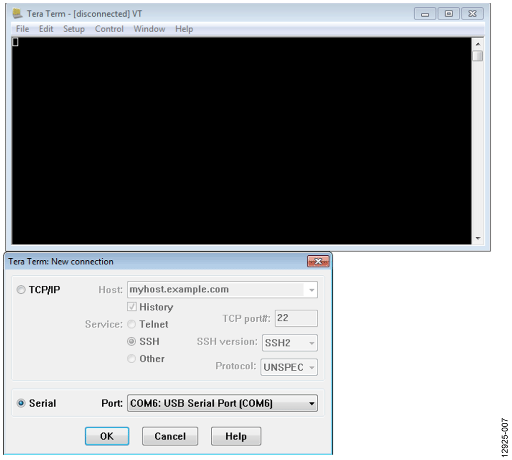 Tera Term COM6 for USB Transmission to the RS-485 Port on the EVAL-CN0373-EB1Z Board