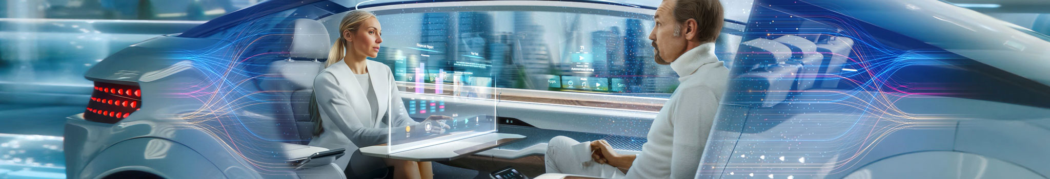 Two people sit facing each other in a sleek autonomous vehicle with digital screens and city views.