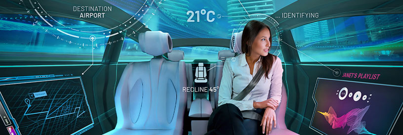 Woman in backseat of autonomous car with digital display for temperature, music, and destination.