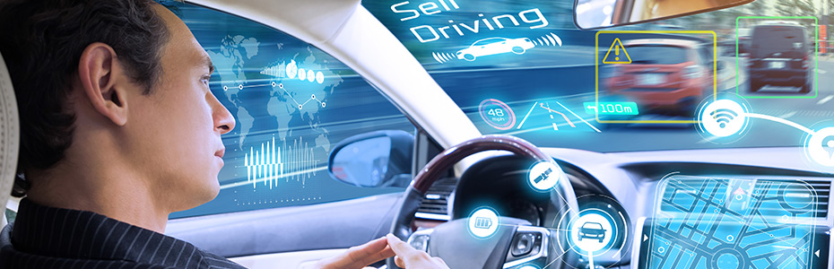 Man in a self driving car
