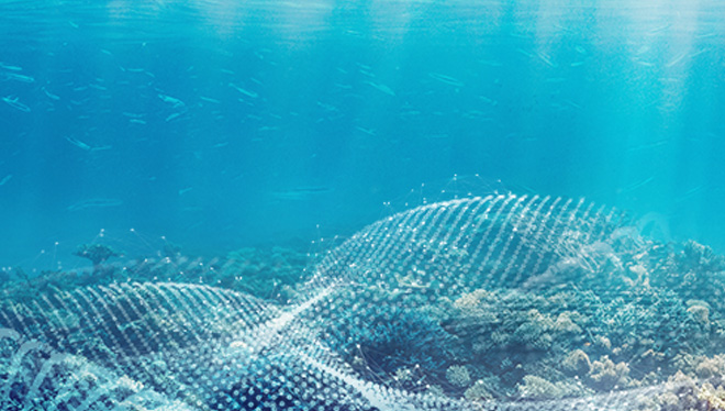Image shows the bottom of ocean floor and coral reef with light rays streaming down from the water surface above. The reef is being mapped with a graphical overlay of data grids and sensors.