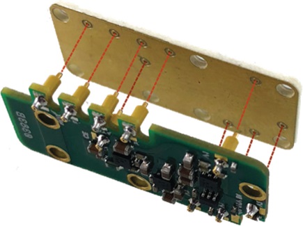 Figure 3. A bias and control block (bottom) connecting to an RF block (top). A protoplate is not pictured.
