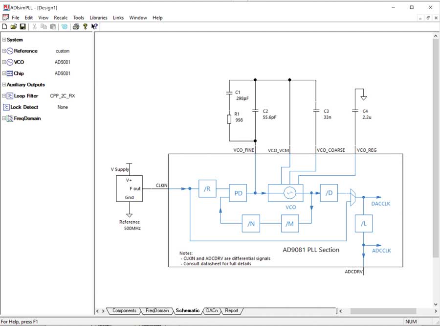 Figure 13. The ADIsimPLL schematic tab.