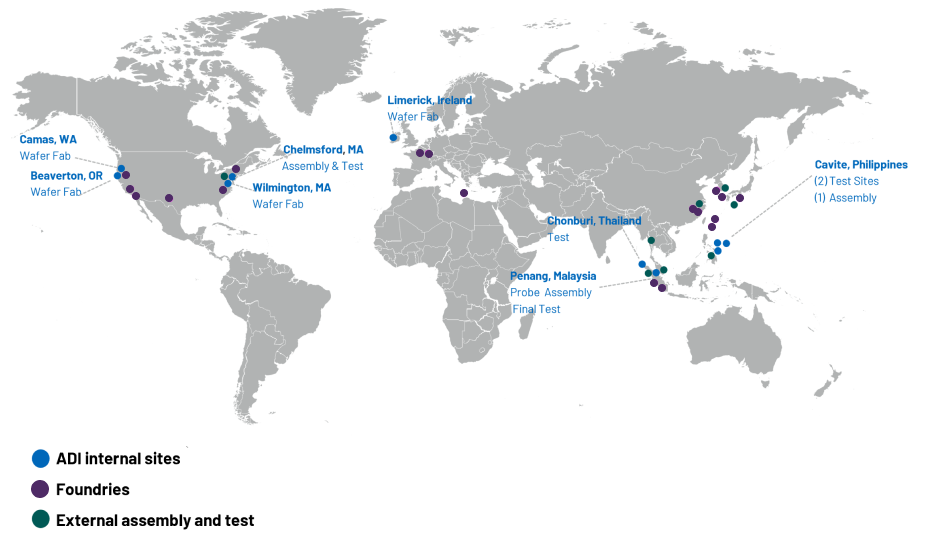 World map of the different Analog Devices internal and chain factories