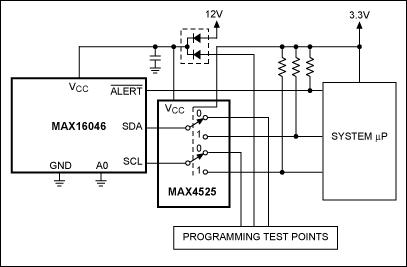 Figure 1. The MAX16046 shares its I²C bus through the MAX4525 multiplexer/switch.