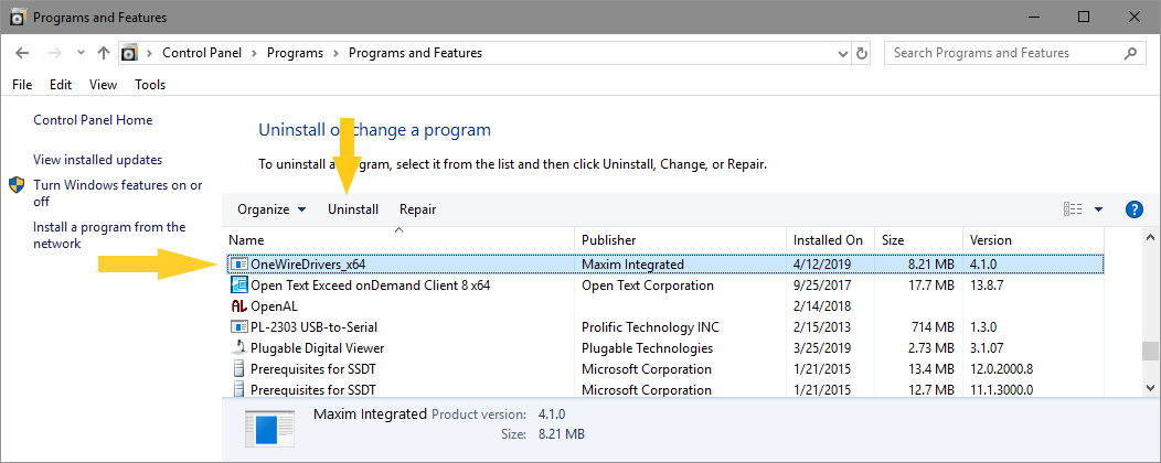 Figure 15. Uninstalling the OneWireViewer and 1-Wire Drivers.