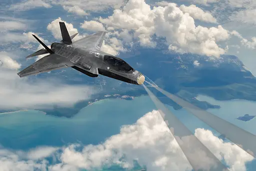A fighter jet flies above clouds, casting beams over water and greenery below. card banner image