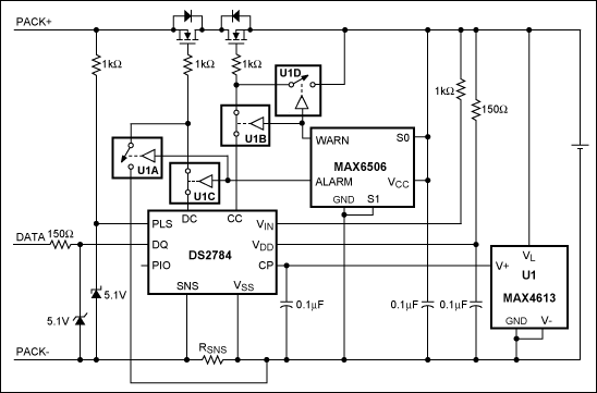 Figure 1. The MAX6506 and MAX4613 can be added to the DS2784 application circuit to provide programmable thermal protection. (Switches U1A–U1D represent the four switches inside the MAX4613.)