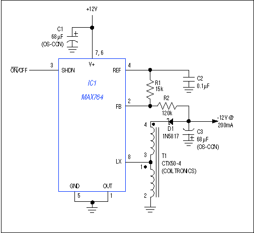 Figure 1. Autotransformer T1 limits the voltage across IC1, allowing use of a high-efficiency chip (with 21V absolute-maximum voltage) in this inverting dc-dc regulator.
