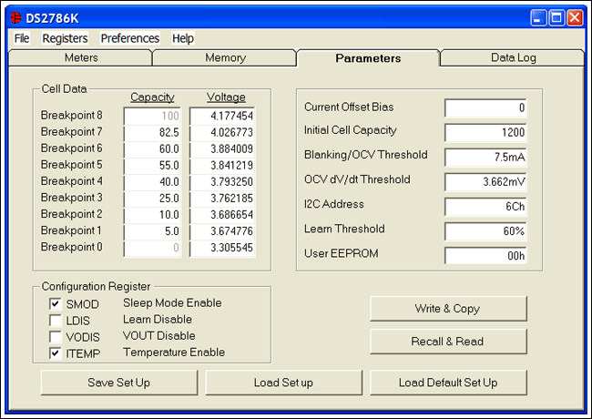 Figure 2. The Parameters tab of the DS2786K evaluation software.