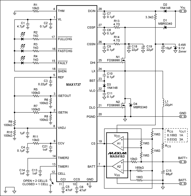 Figure 1. The dual op amp and associated external components shown enable this lithium-battery charger to accept the new lower-voltage lithium batteries.