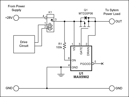 Figure 1. A hot-swap controller IC and external MOSFET remove contact bounce from relay K1.