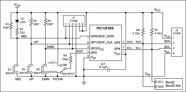 Figure 1. PIC12F509 interface circuitry.