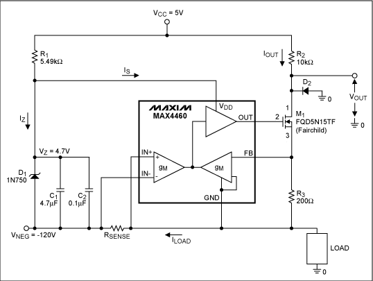 Figure 2. Negative-rail, current-sense amplifier using the MAX4460.