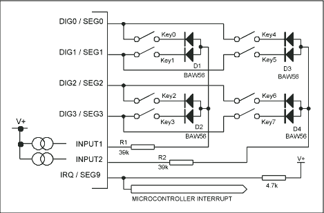 Figure 1. Standard 8-key connections to the MAX6959 LED display driver.