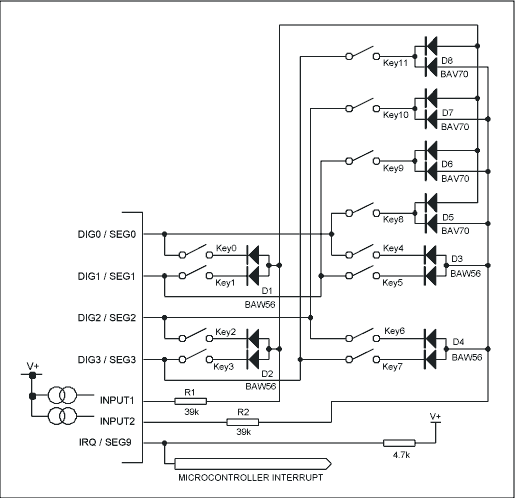 Figure 2. Extended 12-key connections to the MAX6959 LED display driver.