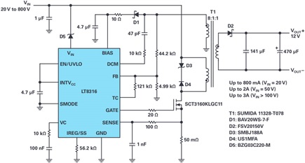 A complete 12 V isolated flyback converter for a wide input