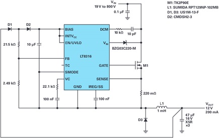 Schematic of a nonisolated buck converter with up to 800 V supply voltage