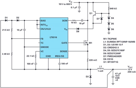 Schematic of 800 VIN nonisolated buck converter with low start-up voltage