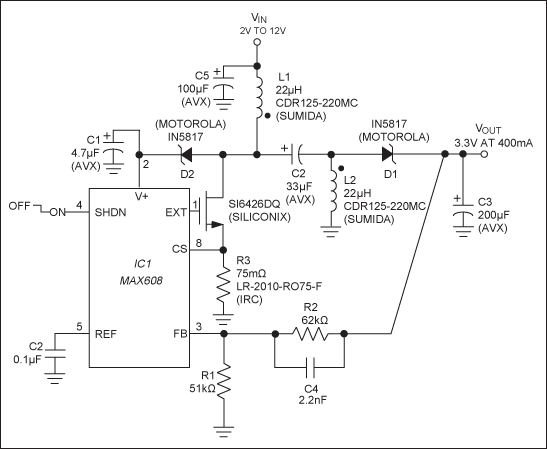 Figure 1. This SEPIC switching regulator maintains a 3.3 output for VIN that ranges above and below 3.3V (as does the voltage from a 2-cell or 3-cell battery, for example.