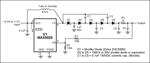 Figure 1. A high-voltage DC-DC converter (U1) converts a typical 5V input to 36V, and a 2-stage charge pump boosts that voltage to more than 100V.